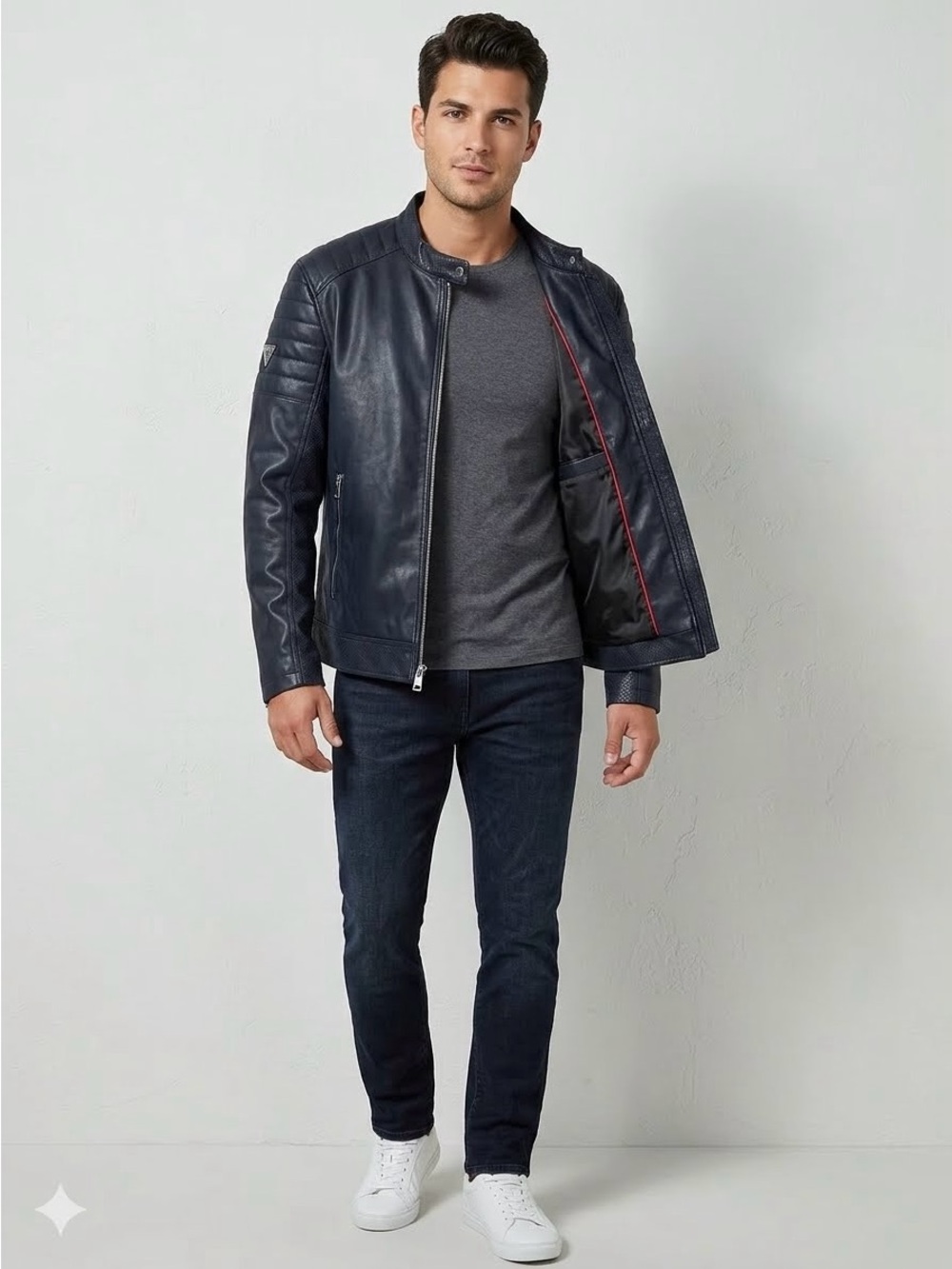 Guess Men's Navy Faux Leather Moto Racer Jacket with Red Trim